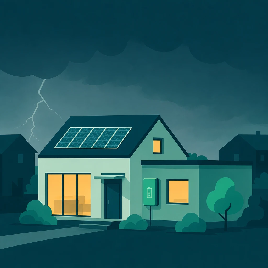 Illustration: Haus mit Photovoltaikanlage und Speicher in einer Gewitternacht, als einziges im Ort erleuchtet