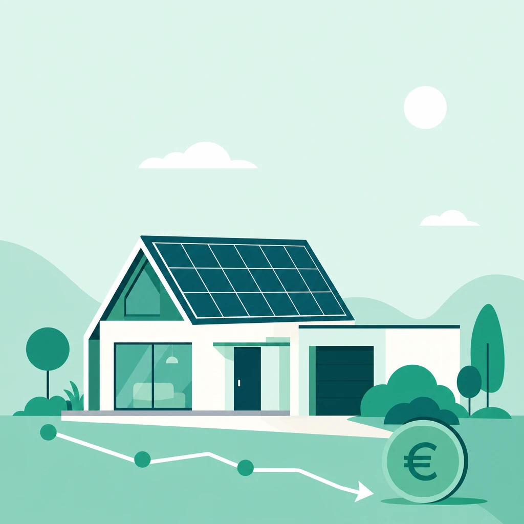 Illustration: Haus mit Photovoltaikanlage, davor eine fallende Kurve und eine Euro-Münze
