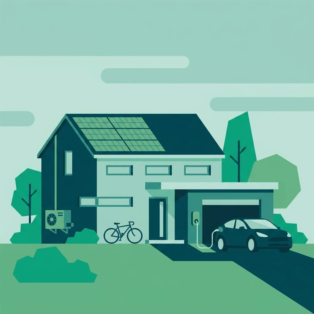 Illustration: Haus mit Photovoltaikanlage, Wärmepumpe, Wallbox und ladendem E-Auto