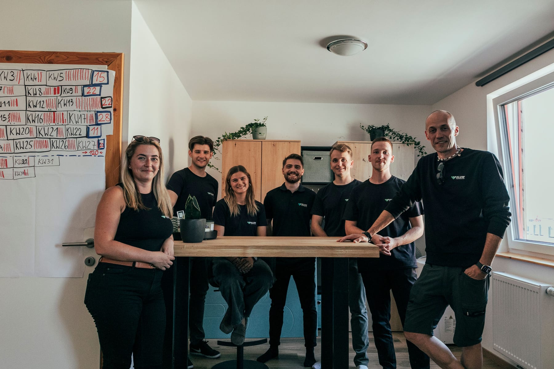 Ein Teil des Büro-Teams am Stehtisch im KLUW-Büro